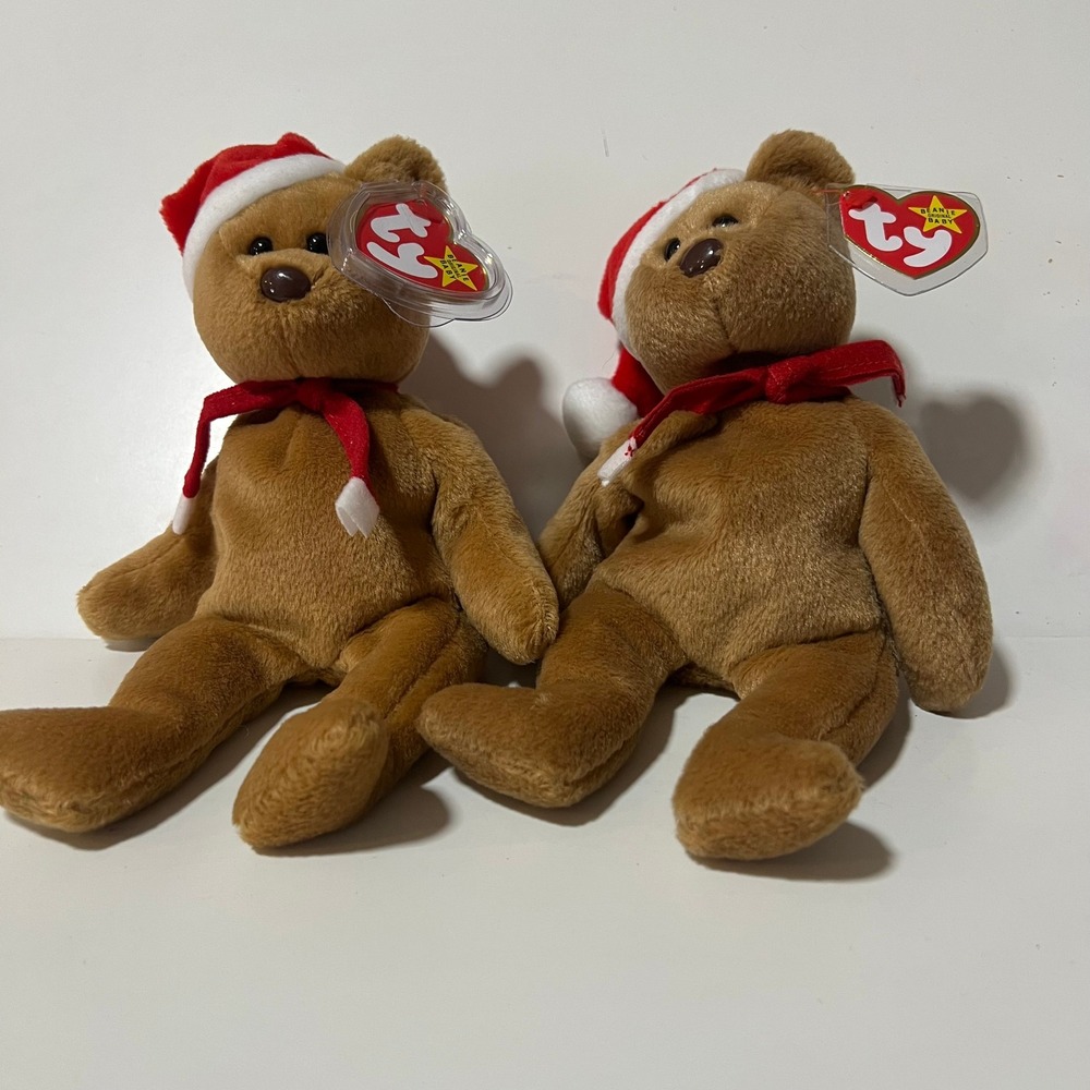 Ty Beanie Babies 1997 Teddy Bear Set of 2‎ Christmas Santa Hat Brown Plush 90s